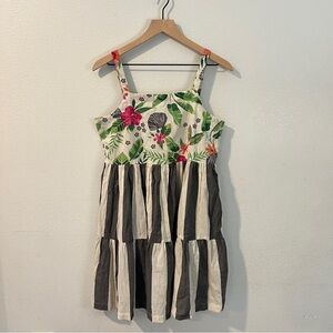 Bombay Paisley Tropical Floral Striped Cotton Flax Sleeveless Sundress Size M‎